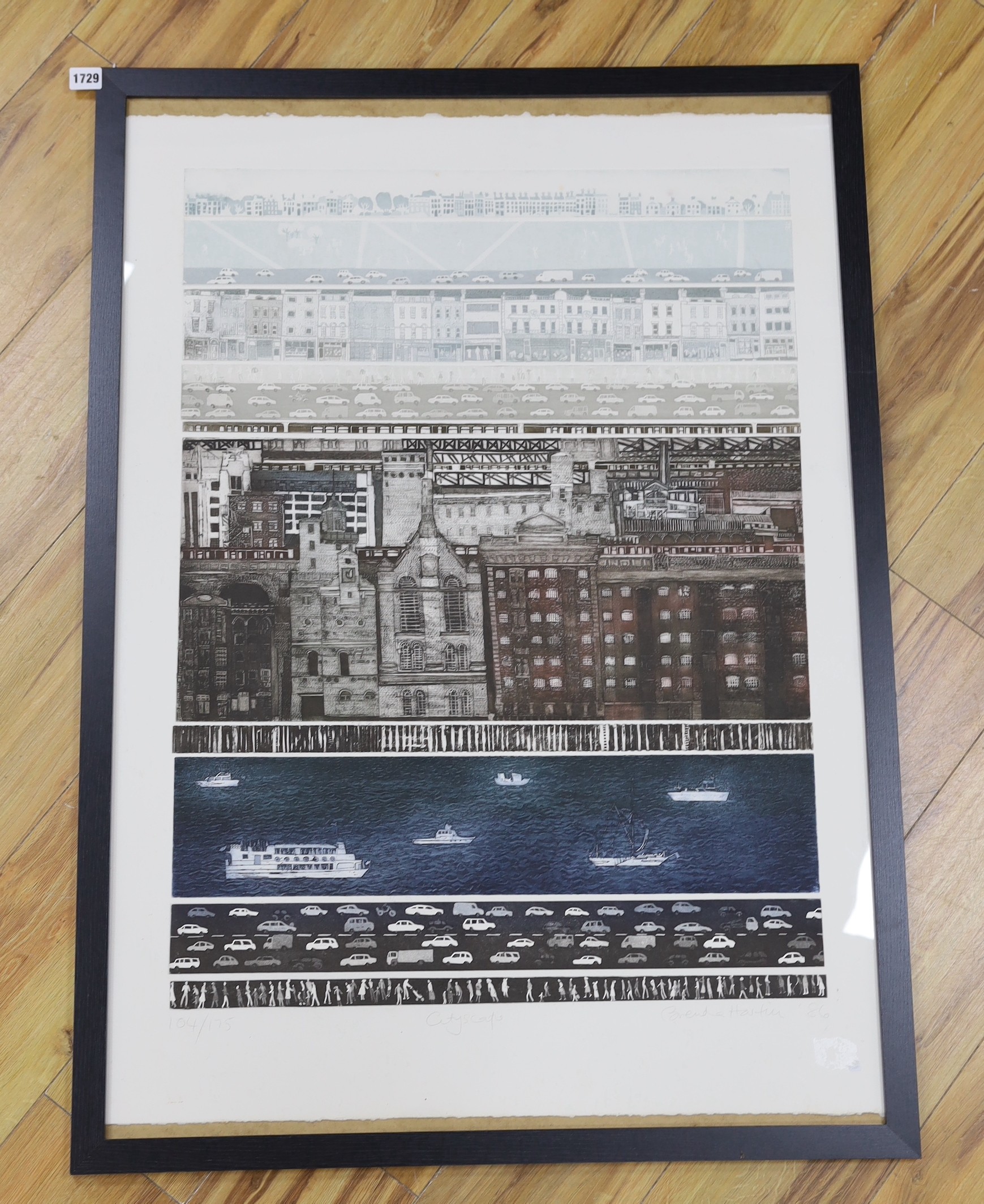 Brenda Hastin, limited edition print, Cityscape, signed and dated '86, 104/175, 96 x 70cm